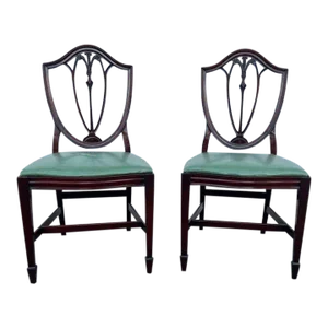 Pair of Antique Federal Style Mahogany Carved Leather Shield Back Dining Side Chairs