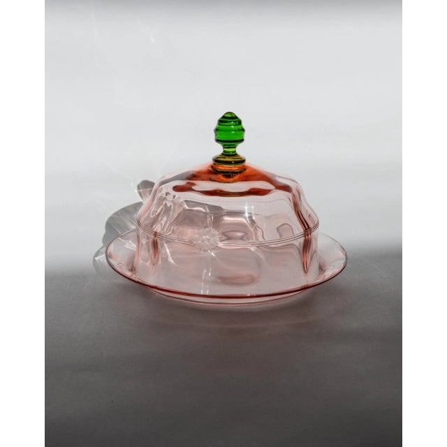 Vintage Glass Cloche Dish with Plate in Pink and Green Glass with Engraved Floral Decor, Italy, 1930s For Sale - Image 5 of 11