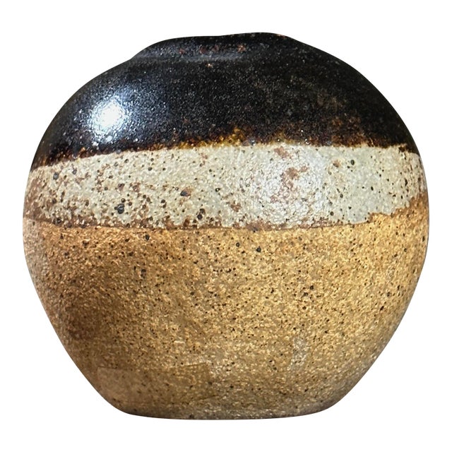 Vintage Small Modernist Stoneware Glazed Vessel, Signed For Sale