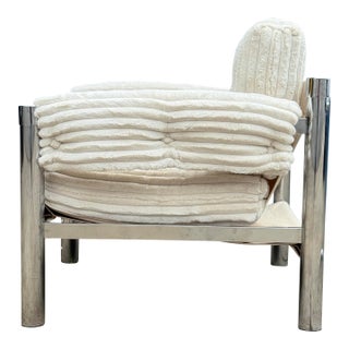 1970s Vintage Modern Chrome & Cream Corduroy Lounge Chair by James David Inc For Sale