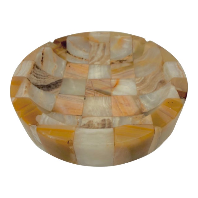 Large Vintage Onyx Checkerboard Pattern Ashtray Catchall For Sale