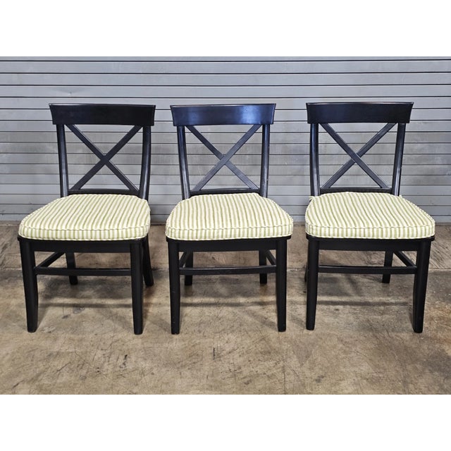 Wood Set of 6 Pottery Barn Black X Back Dining Chairs With Green Striped Padded Seats For Sale - Image 7 of 13