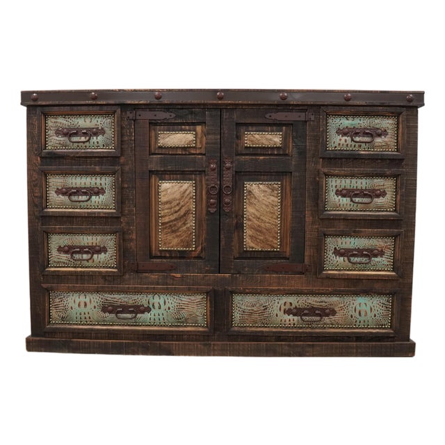 Western Tooled Leather & Cowhide Multi-Drawer Dresser Cabinet For Sale