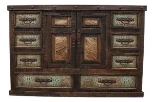 Western Tooled Leather & Cowhide Multi-Drawer Dresser Cabinet