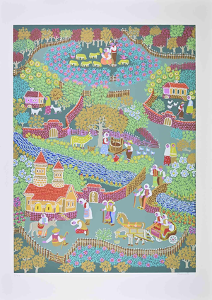 Milan Rasic, Village Life with Church and Procession, Screenprint, 1976