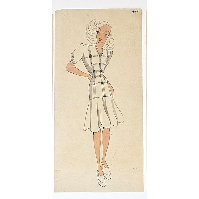 1940s 1940s=Set of 4-Original Mid-Century French Fashion Drawings on Vellum For Sale - Image 5 of 7