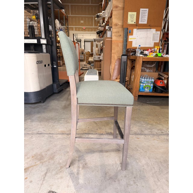 Contemporary Bernhardt Bar Stool With Light Wood Legs and Pale Green Fabric For Sale - Image 3 of 5