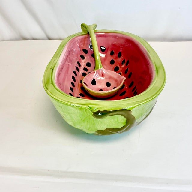 Mid 20th Century Americana Folk Art Arts & Crafts Ceramic Watermelon Serving Bowl With Ladle - 2 Piece Set. For Sale - Image 10 of 12