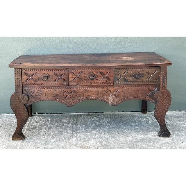Rustic Vintage Primitive Hand Carved Console Table For Sale - Image 3 of 12