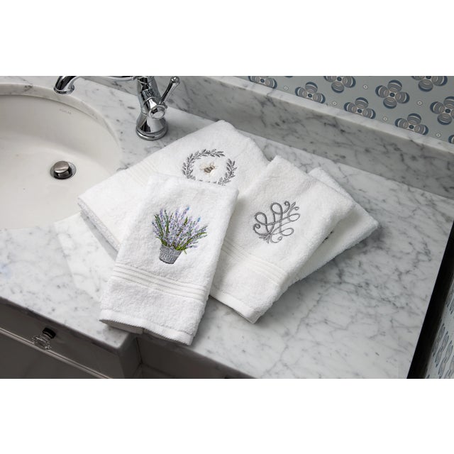 Traditional Blue Coral Guest Towelin White Terry, Embroidered For Sale - Image 3 of 6