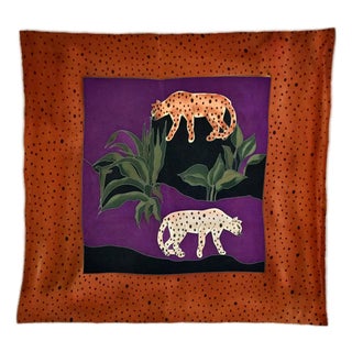Hand-Painted Silk Scarf Leopard Jungle Theme For Sale