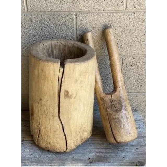 A primitive early 19th century wood mortar and pestle from Belgium — a unique decor piece with wonderful age. Weighs 29...