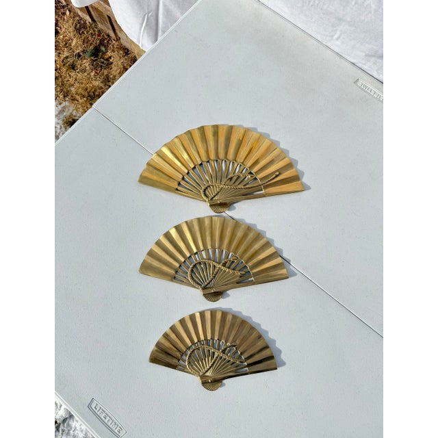 Metal Vintage Mid-Century Modern Brass Fan Wall Hangings - Set of 3 For Sale - Image 7 of 10