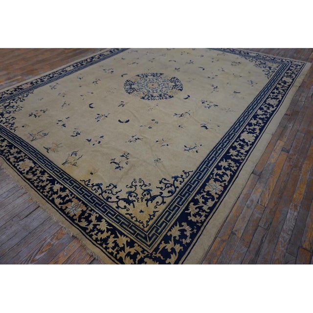 Chinese 1920s Beige Field Classic Greek Key Antique Chinese Peking Room Size Knotted Rug For Sale - Image 3 of 10