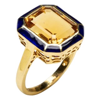 Citrine Ring With Blue Enamel in 18k Gold, Size 6.25 For Sale