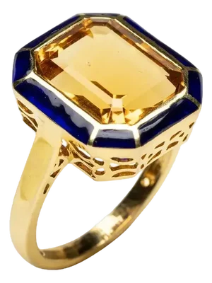Citrine Ring With Blue Enamel in 18k Gold, Size 6.25
