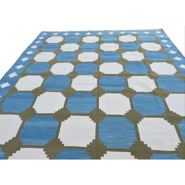 Sky Blue Not Yet Made - Made To Order Handmade Cotton Area Rug Vegetable Dyed Sky Blue and Olive Green Vista Rug-8'x10' For Sale - Image 8 of 11