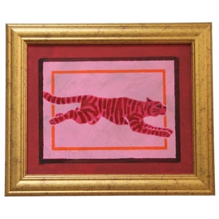 Tiger Folk Art Minimalism Pop Art Raspberry Pink Burgundy Orange Original Oil Painting by Cleo Plowden For Sale