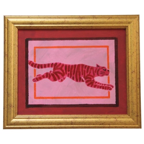 Tiger Folk Art Minimalism Pop Art Raspberry Pink Burgundy Orange Original Oil Painting by Cleo Plowden For Sale