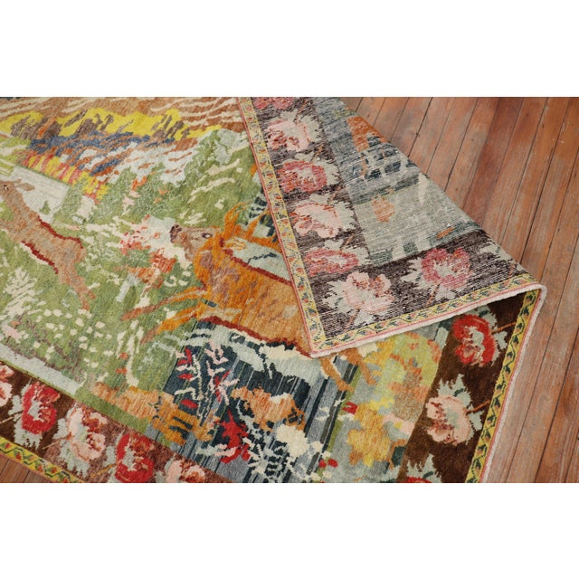 Folk Art Zabihi Collection Running Deers Pictorial Vintage Karabagh Rug - 4'9" x 8'9" For Sale - Image 3 of 6