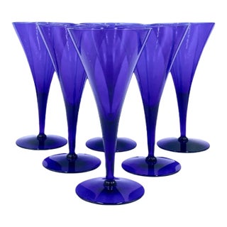 Set of 6 Vintage Cobalt Blue Champagne Flutes Glasses For Sale