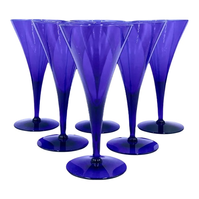 Set of 6 Vintage Cobalt Blue Champagne Flutes Glasses For Sale