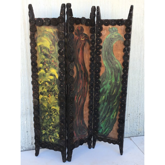 20th Century Arts & Crafts Folding Screen & Hand Painted Decoration Room Divider For Sale - Image 4 of 13