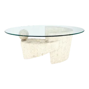 Oval Glass Top Polished Ball & Shoe Shape Tessellated Marble Base Coffee Table