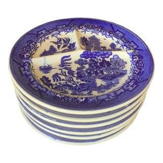 Mid 20th Century Blue Willow 3 Sectioned Grill Plates Set of 6 For Sale