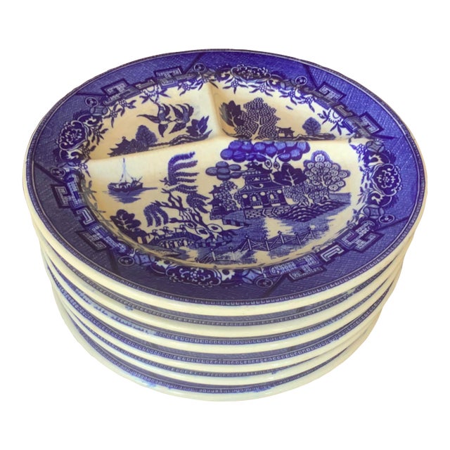 Mid 20th Century Blue Willow 3 Sectioned Grill Plates Set of 6 For Sale
