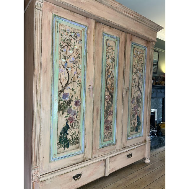 Large Vintage Painted Pine Wardrobe with Chinoiserie Panels, 1940s For Sale - Image 6 of 11