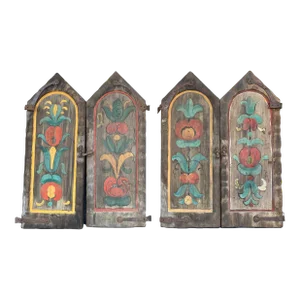 1920s Hand-Painted Spanish Revival/Tudor-Style Storm Shutters With Original Hardware- 4 Pieces