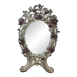 Antique Art Nouveau Silvered Cast Brass Rose Vanity Dressing Mirror, Dated 1909 For Sale