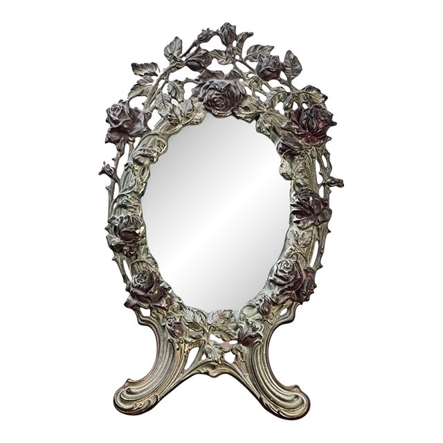 Antique Art Nouveau Silvered Cast Brass Rose Vanity Dressing Mirror, Dated 1909 For Sale