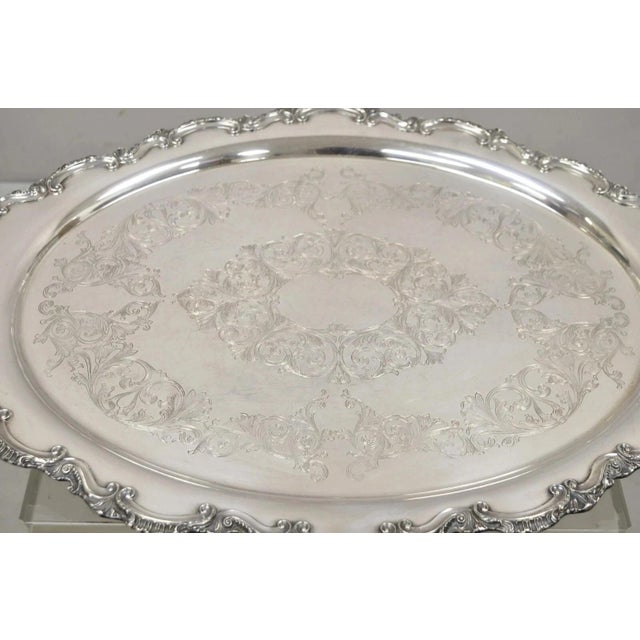 Victorian Antique English Victorian Silver Plated Large Oval Serving Platter Bar Tray For Sale - Image 3 of 11