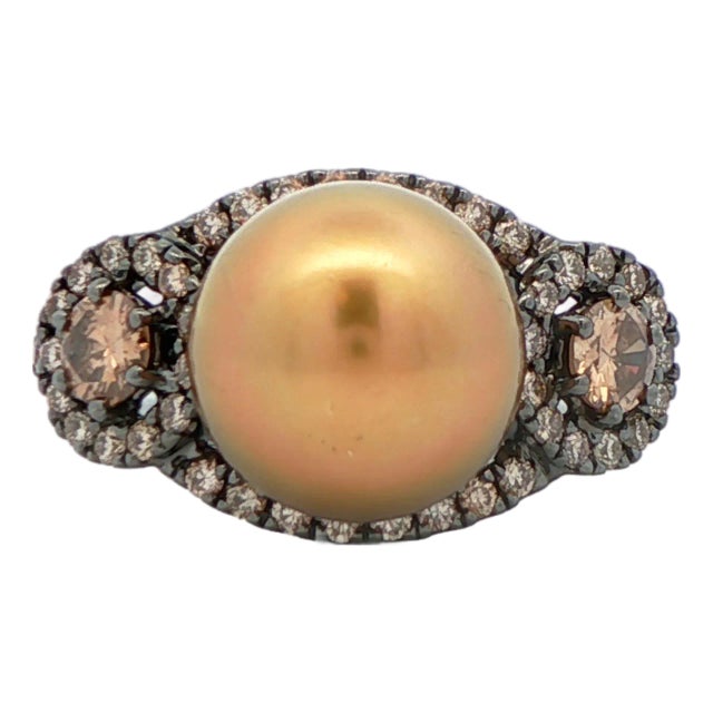 18k White Gold Black Rhodium Gold Pearl & Chocolate Diamond Ring Size 5.25 For Sale