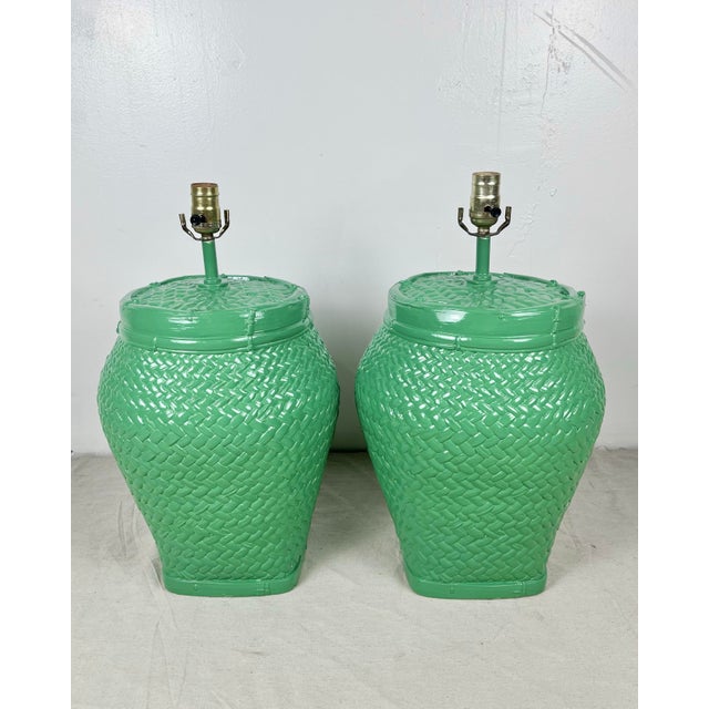Vintage pair of newly lacquered large plaster lamps. Plaster lamps in the shape of woven lidded baskets, reminiscent of...