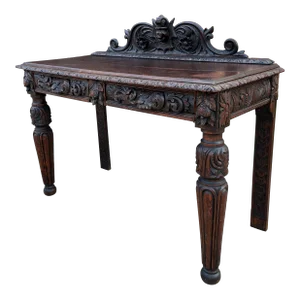 Antique French Table Hall Entry Console Sofa Table Two Drawers Oak C. 1890s