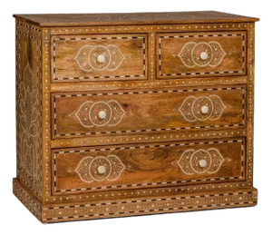 Anglo-Indian Four-Drawer Vintage Dresser Chest with Floral Bone Inlay Design