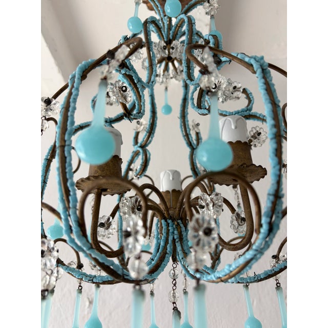 Glass Blue Opaline Drops Beaded Chandelier, Circa 1920 For Sale - Image 7 of 13