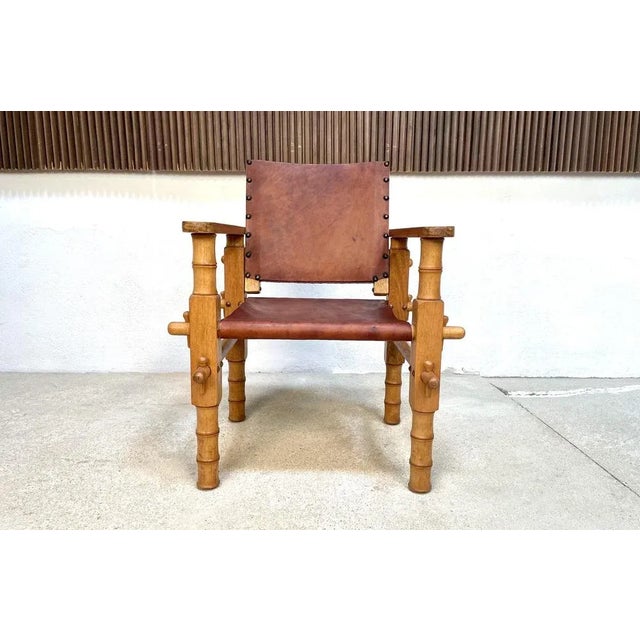 South American Brutalist Leather & Oak Safari Chair, Colombia, 1960s For Sale - Image 13 of 13
