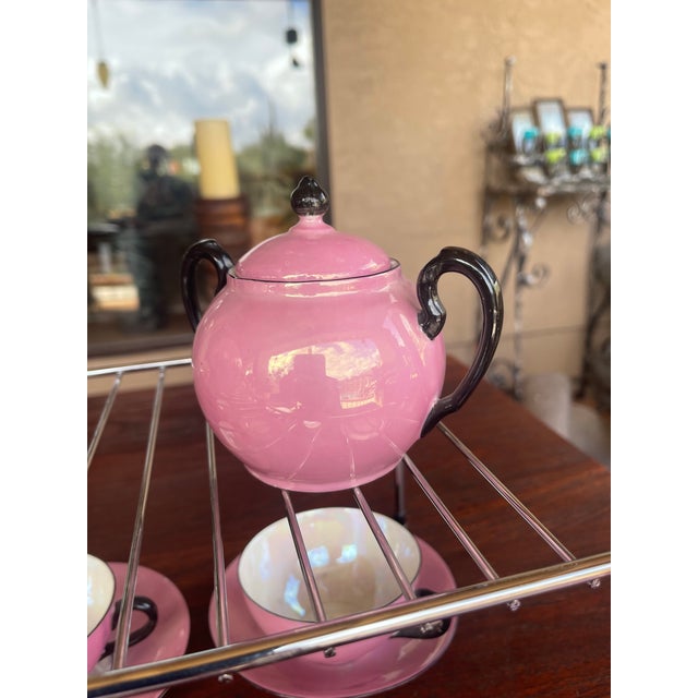 1930s 1930s Art Deco Pink & Black Lusterware Iridescent Tea/Coffee Set R W Bavaria - Set of 15 For Sale - Image 5 of 11