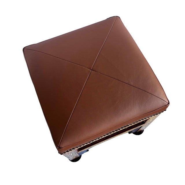 Moroccan Pair of Moroccan Carved and Inlaid Square Leather Upholstered Stools For Sale - Image 3 of 8