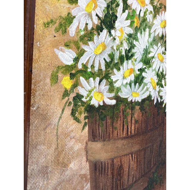 Mid Century Floral Daisy Painting in Wood Frame Signed For Sale - Image 4 of 6