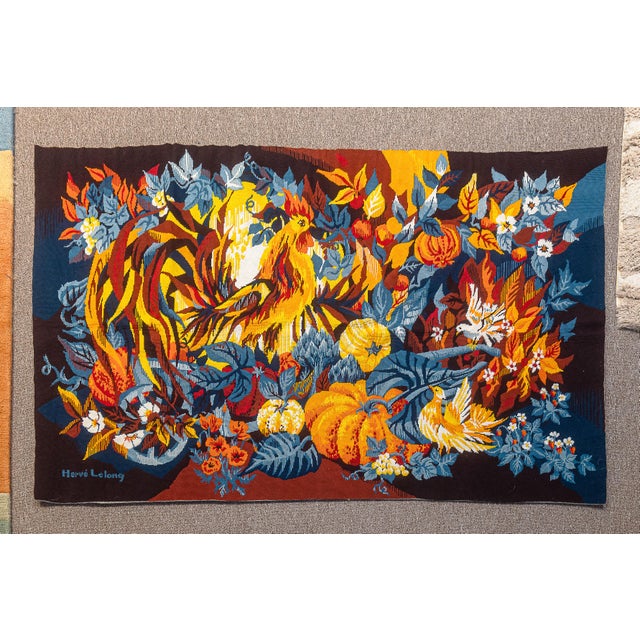Wool tapestry by French artist Hervé Lelong titled "Les Fruits de l’Été (Fruits of Summer)", created in 1977. Original tag...