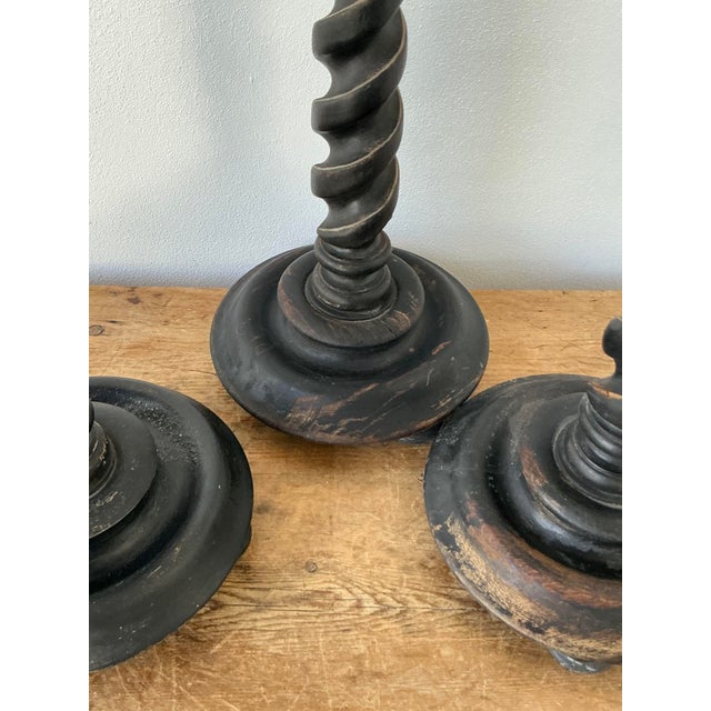 Wood Vintage Boho Monumental Distressed Barley Twist Candlesticks - Set of 3 For Sale - Image 7 of 11