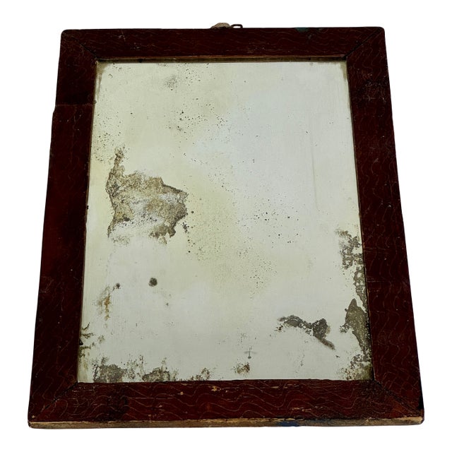 Antique Primitive Distressed Wall Mirror in Wood Frame With Wiggly Design For Sale
