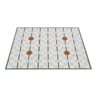 Handmade Cotton Vegetable Dyed Area Rug, Cream, Sky Blue, Sage Green Star Dash Dhurrie-12x15 For Sale