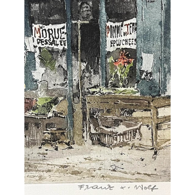 1930s Vintage Color Etching Paris Fruit Shop 77 Rue Galande by Franz Xavier Wolf For Sale - Image 5 of 7
