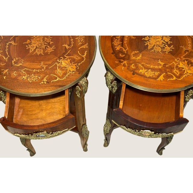 Pair Louis XV Revival Marquetry Salon Tables With Porcelain Plaques, C. 1900 For Sale - Image 16 of 18